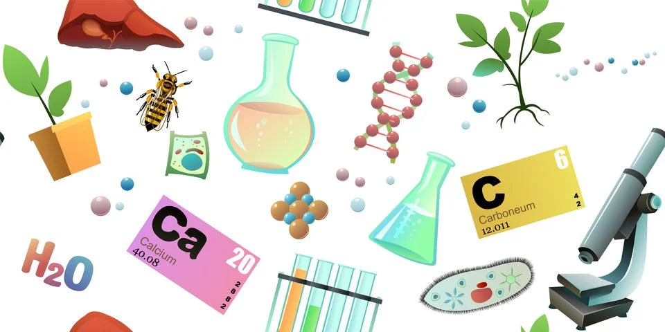 Chemistry items seamless pattern. Cartoon style. Science items picture. Study of 스톡 일러스트