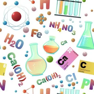Chemistry items seamless pattern. Cartoon style. Study and production of mineral 스톡 일러스트