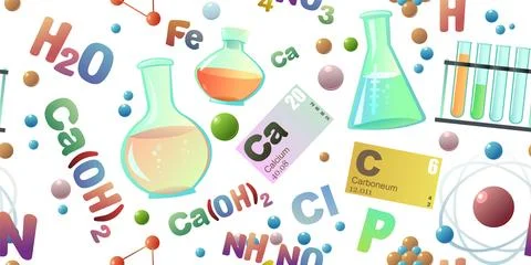 Chemistry items seamless pattern. Cartoon style. Study and production of mineral 스톡 일러스트
