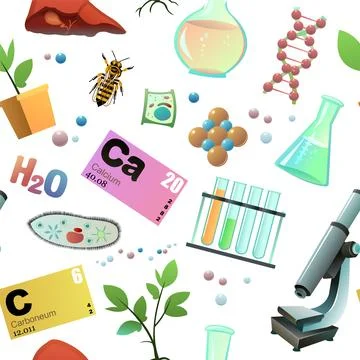 Chemistry items seamless pattern. Science items picture. Study of living cells 스톡 일러스트