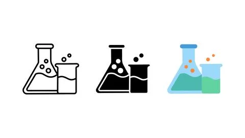 Chemistry lab flask and beaker icon set Stock Illustration