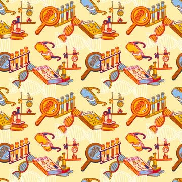 Chemistry lab seamless pattern, hand drawn style Illustrazione stock