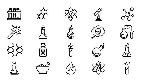 Chemistry laboratory icon set with different scientific experiment tools Stock Illustration