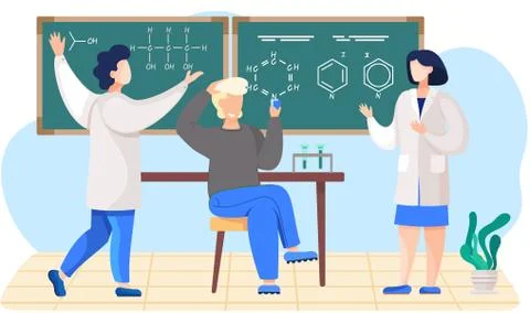 Chemistry lesson in a classroom. Scientists explain formulas on blackboard. Guy 库存插图