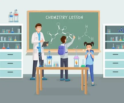Chemistry lesson flat vector illustration. Cartoon teacher in white coat Stock Illustration