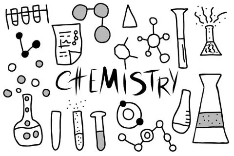 Chemistry lettering and objects in doodle style. Science research symbols iso Stock Illustration
