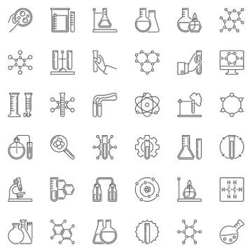 Chemistry linear icons set. Microscope, atom, flask symbols Illustrazione stock