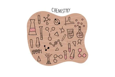 Chemistry objects in doodle style. Science research symbols isolated on white Stock Illustration