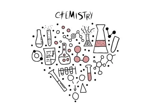 Chemistry objects in doodle style. Science research symbols isolated on white Stock Illustration