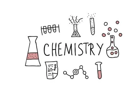Chemistry objects in doodle style. Science research symbols isolated on white Illustrazione stock