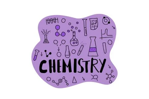 Chemistry objects in doodle style. Science research symbols isolated on white Stock Illustration