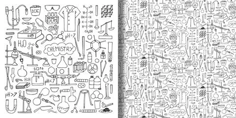 Chemistry objects hand drawn doodle set and seamless pattern Stock Illustration