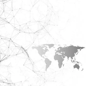 Chemistry pattern, black world map, connecting lines and dots, molecule str.. Stock Illustration