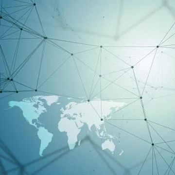 Chemistry pattern, white world map, connecting lines and dots, molecule str.. Stock Illustration