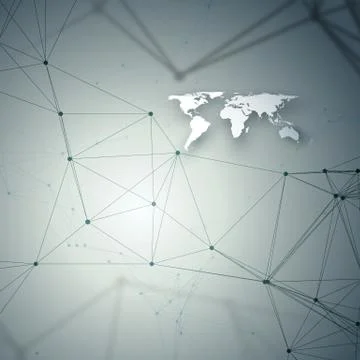 Chemistry pattern, white world map, connecting lines and dots, molecule str.. Stock Illustration