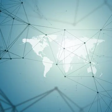Chemistry pattern, white world map, connecting lines and dots, molecule str.. Stock Illustration