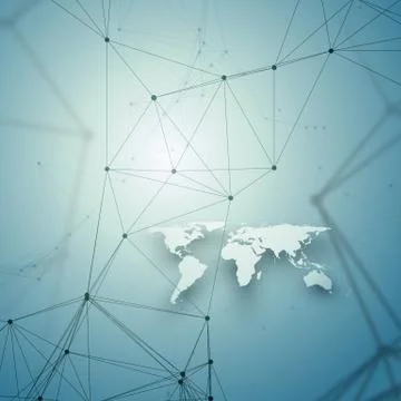 Chemistry pattern, white world map, connecting lines and dots, molecule str.. Stock Illustration