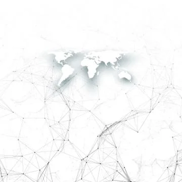 Chemistry pattern, white world map, connecting lines and dots, molecule Stock Illustration