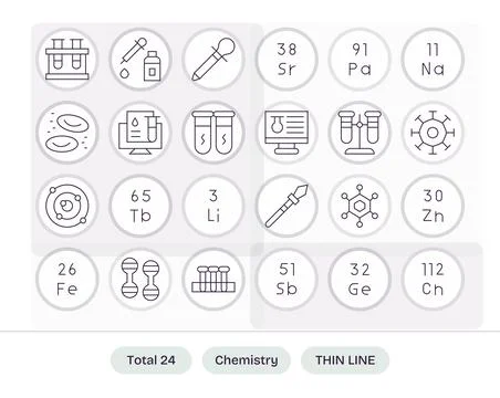 Chemistry Premium Vector Bundle with 24 128x128 Detail Enhanced Thin Line Ico Stock Illustration