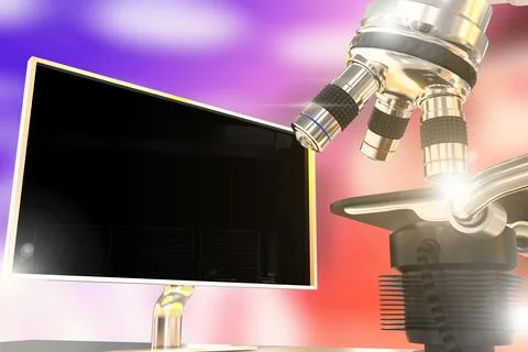 Chemistry research concept, microscope and monitor with flare Illustrazione stock