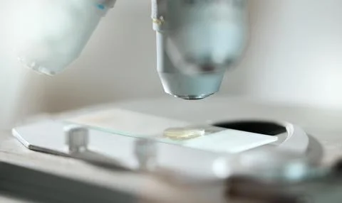 Chemistry, science and microscope with sample in laboratory for medical res.. Stock Photos