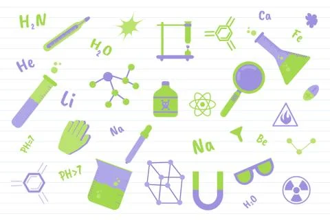 Chemistry science education with various objects and paper line background -  Stock Illustration