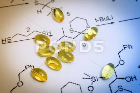 Chemistry Science Formula And Oil Capsules. Medicine Concept