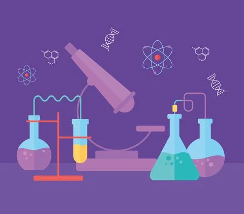 Chemistry science laboratory experiment flasks microscope, flat style Stock Illustration
