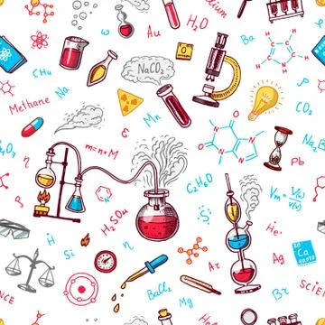 Chemistry seamless pattern. Chalkboard with elements, formulas, atom, test-tube イラスト素材