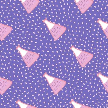 Chemistry seamless pattern with doode lilac pastel flask silhouettes. Purple  Stock Illustration