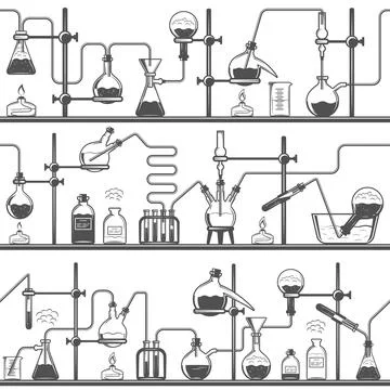 Chemistry seamless pattern with formulas and laboratory equipment. Science .. Stock Illustration