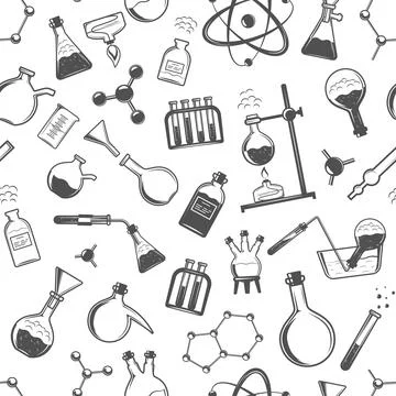 Chemistry seamless pattern with formulas and laboratory equipment. Science .. Stock Illustration
