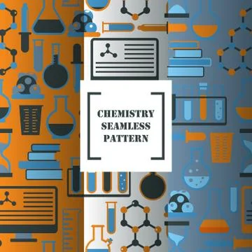 Chemistry seamless pattern, vector illustration. Laboratory research icons in Stock Illustration