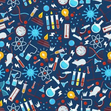 Chemistry seamless pattern, vector illustration. Laboratory research icons in Stock Illustration