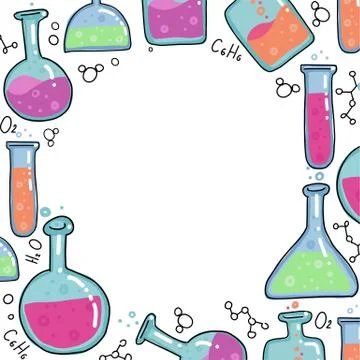 Chemistry Test tubes vector outlined sketch round frame. Kids Education illus Stock Illustration