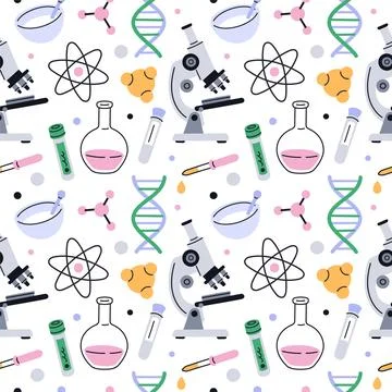 Chemistry tools seamless pattern. Scientific laboratory equipment, repeated test Stock Illustration