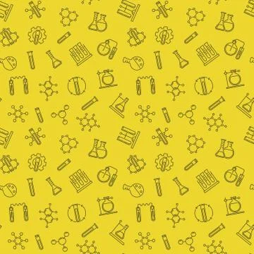 Chemistry vector line seamless pattern with yellow background 스톡 일러스트