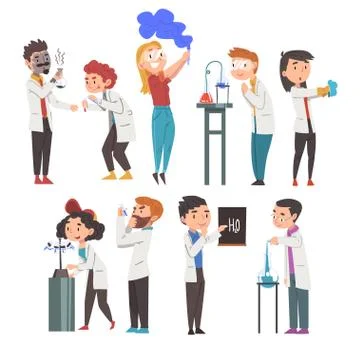 Chemists Doing Experiments Set, Scientist or Student Characters in Lab Coat Illustrazione stock