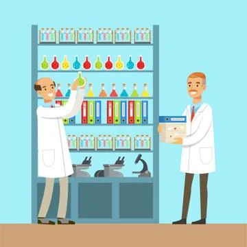 Chemists males testing chemical elements, interior of science laboratory, vector Stock Illustration