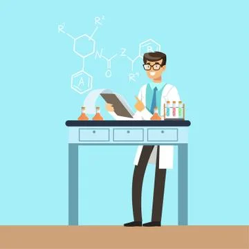 Chemists scientist testing chemical elements, interior of science laboratory Stock Illustration