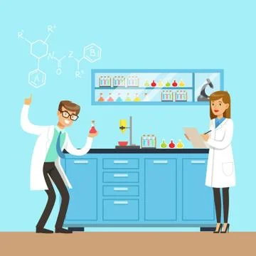 Chemists scientists testing chemical elements, interior of science laboratory Stock Illustration
