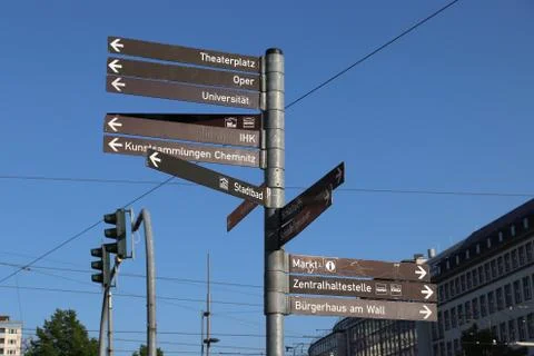 CHEMNITZ, GERMANY - MAY 8, 2018: Pedestrian and cyclist direction signs in Ch Stock Photos