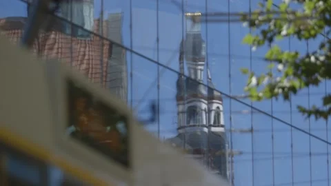 Chemnitz Reflection town hall and tram Stock Footage 167309943