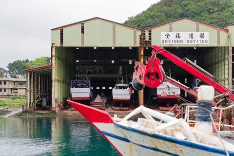 Chen Fwu Shipbuilding Yard with Multiple Fishing Vessels Under Construction Stock Photos