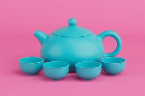 Chenese Blue Clay Tea Set with Teapot and Cups in Duotone Style. 3d Rendering Stock Illustration