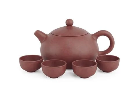 Chenese Clay Tea Set with Teapot and Cups. 3d Rendering Illustrazione stock