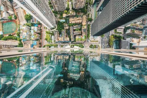 Chengdu high angle top view from a skyscraper rooftop with reflections Stock-Fotos