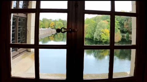 Chenonceau Chateau - Looking through window towards river Stock Footage 220231614