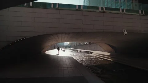 Cheonggyecheon Stream Under Bridge With Light Reflection in Seoul Stock Footage 333872661