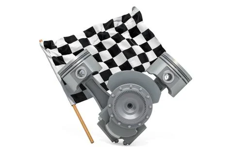Chequered flag with V8 engine pistons. Racing concept, 3D rendering Stock Illustration